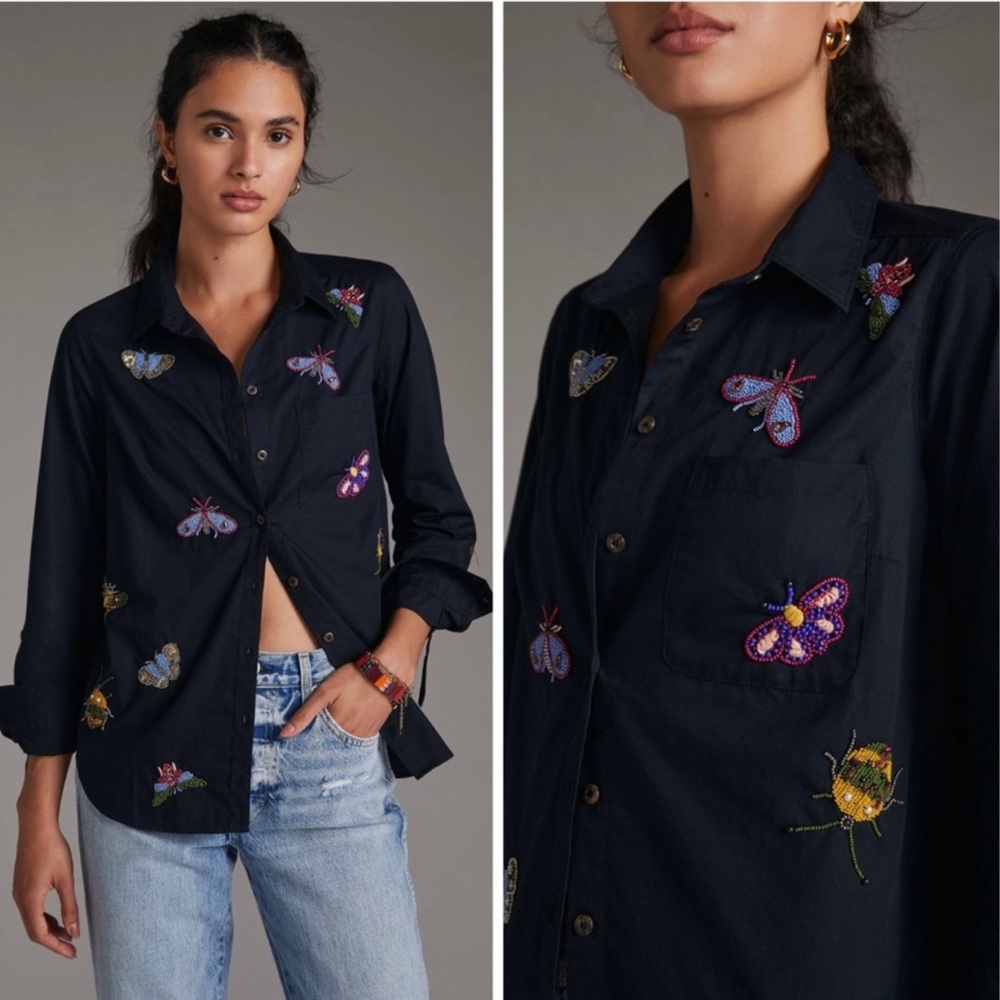 Maeve for Anthropologie Beaded Butterfly Buttondown New 2